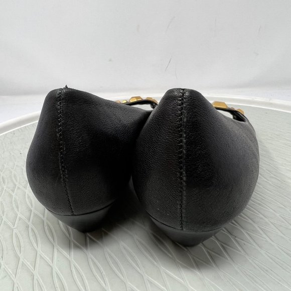 BCBGMaxAzria Studded Peep Toe Wedge Sandal Womens 6 Black Leather Boho - Picture 5 of 7